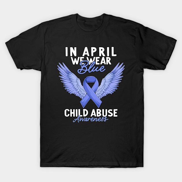 Child Abuse Prevention Awareness Month Blue Ribbon gift idea T-Shirt by Mad Maggie